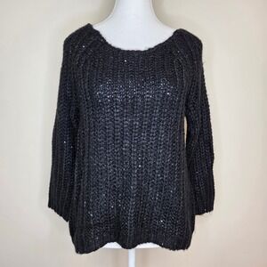 Knitted & Knotted‎ Anthropologie Black Sequin Chunky Knit Sweater Sparkle Size M